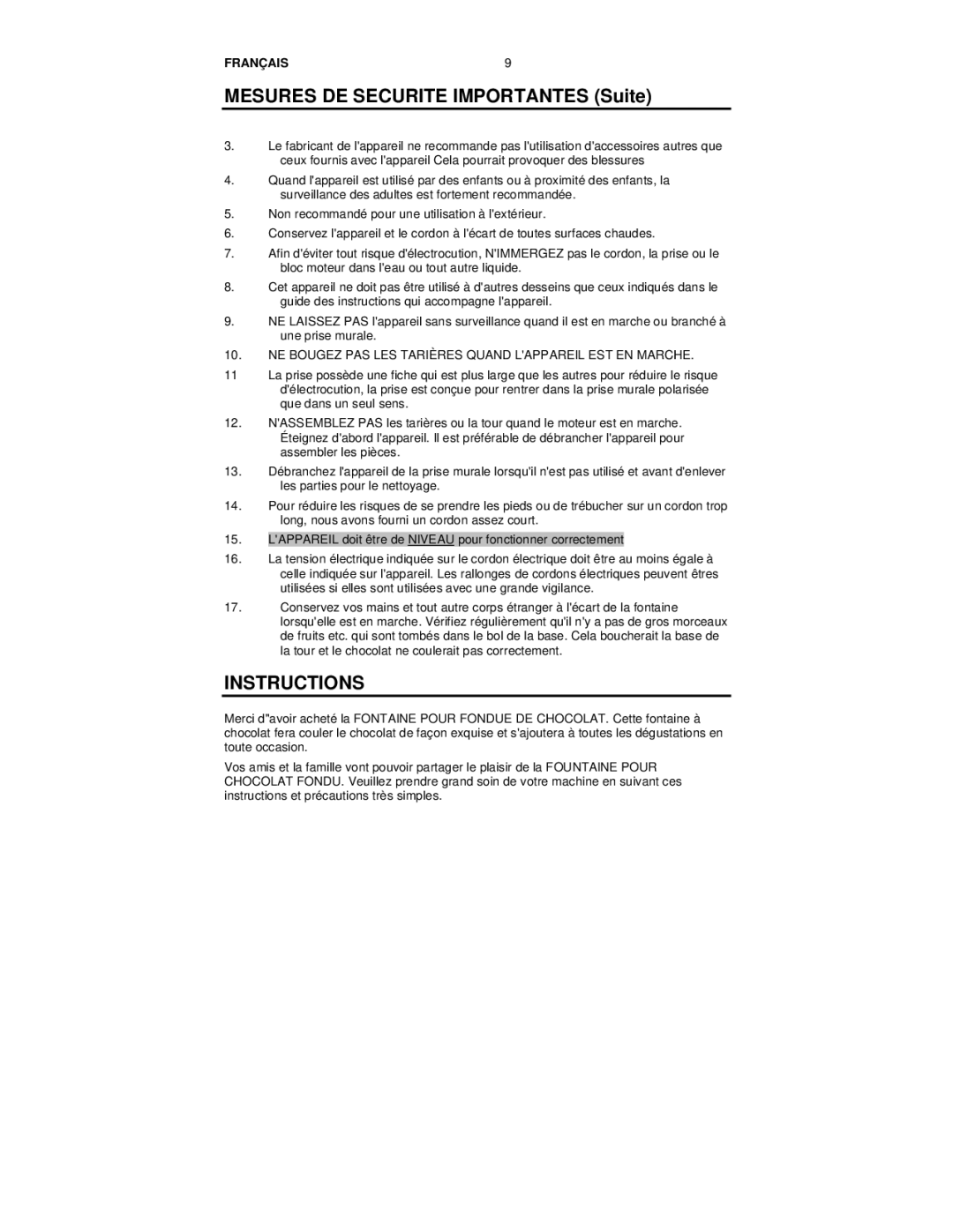 Nostalgia Electrics CFF-552 manual Mesures DE Securite Importantes Suite 