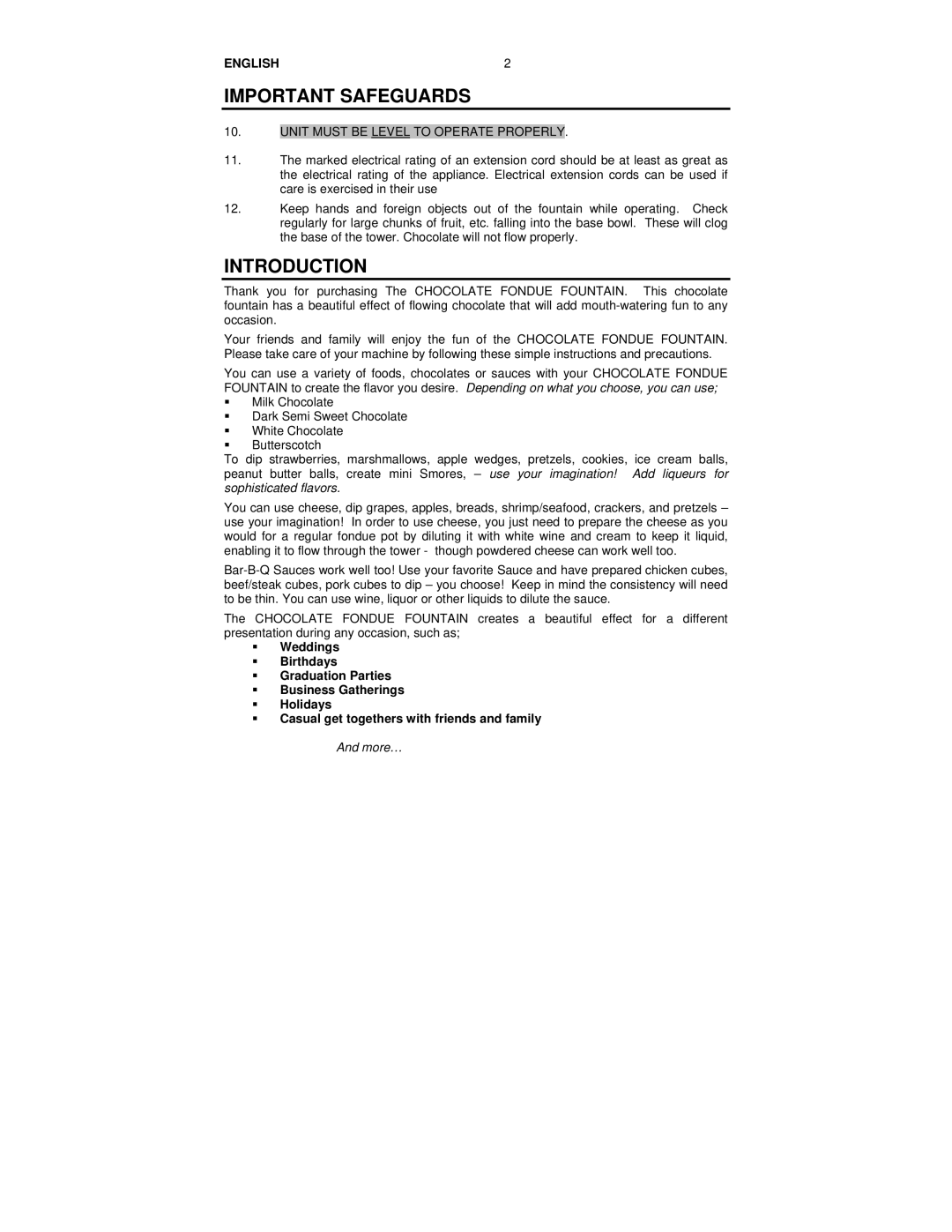 Nostalgia Electrics CFF-552 manual Introduction, Unit Must be Level to Operate Properly 