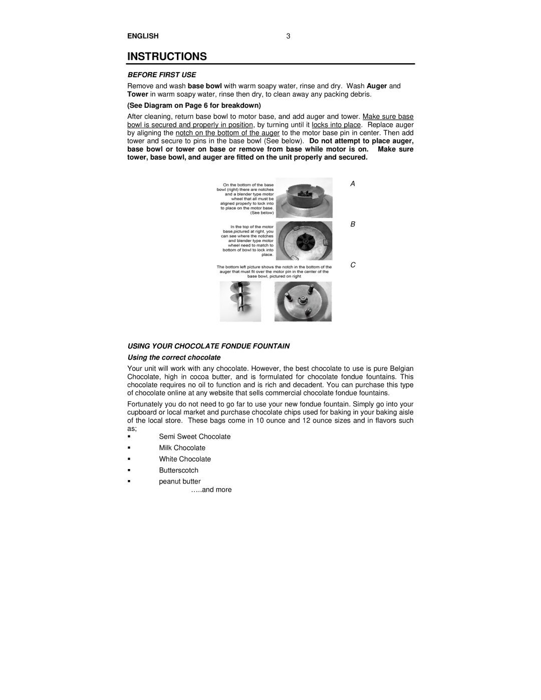 Nostalgia Electrics CFF-552 manual Instructions, ENGLISH3, Before First USE, Using Your Chocolate Fondue Fountain 