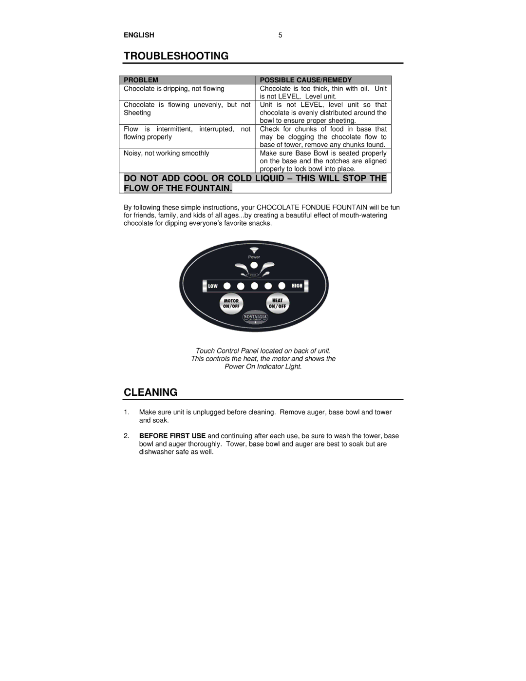 Nostalgia Electrics CFF-552 manual Troubleshooting, Cleaning, Problem Possible CAUSE/REMEDY 