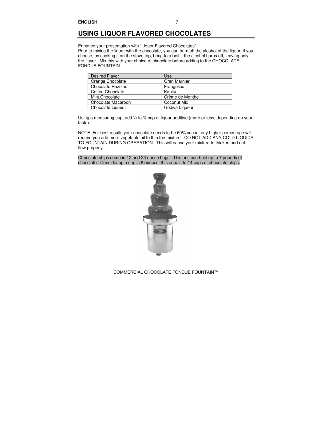 Nostalgia Electrics CFF-552 manual Using Liquor Flavored Chocolates, Commercial Chocolate Fondue Fountain 