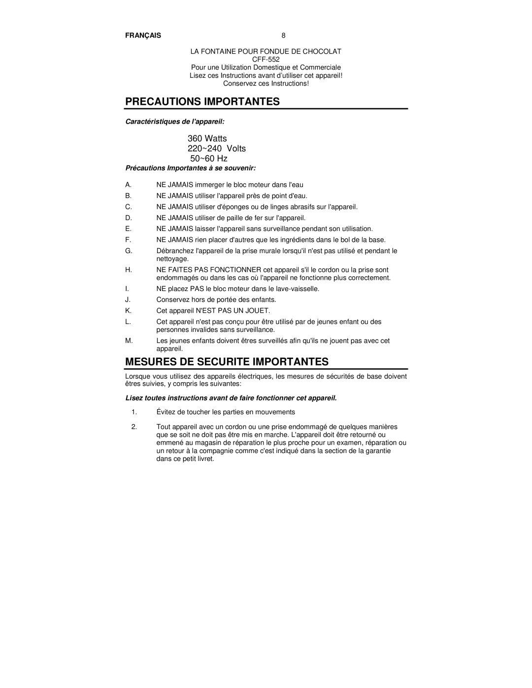 Nostalgia Electrics CFF-552 manual Precautions Importantes, Mesures DE Securite Importantes, Français 