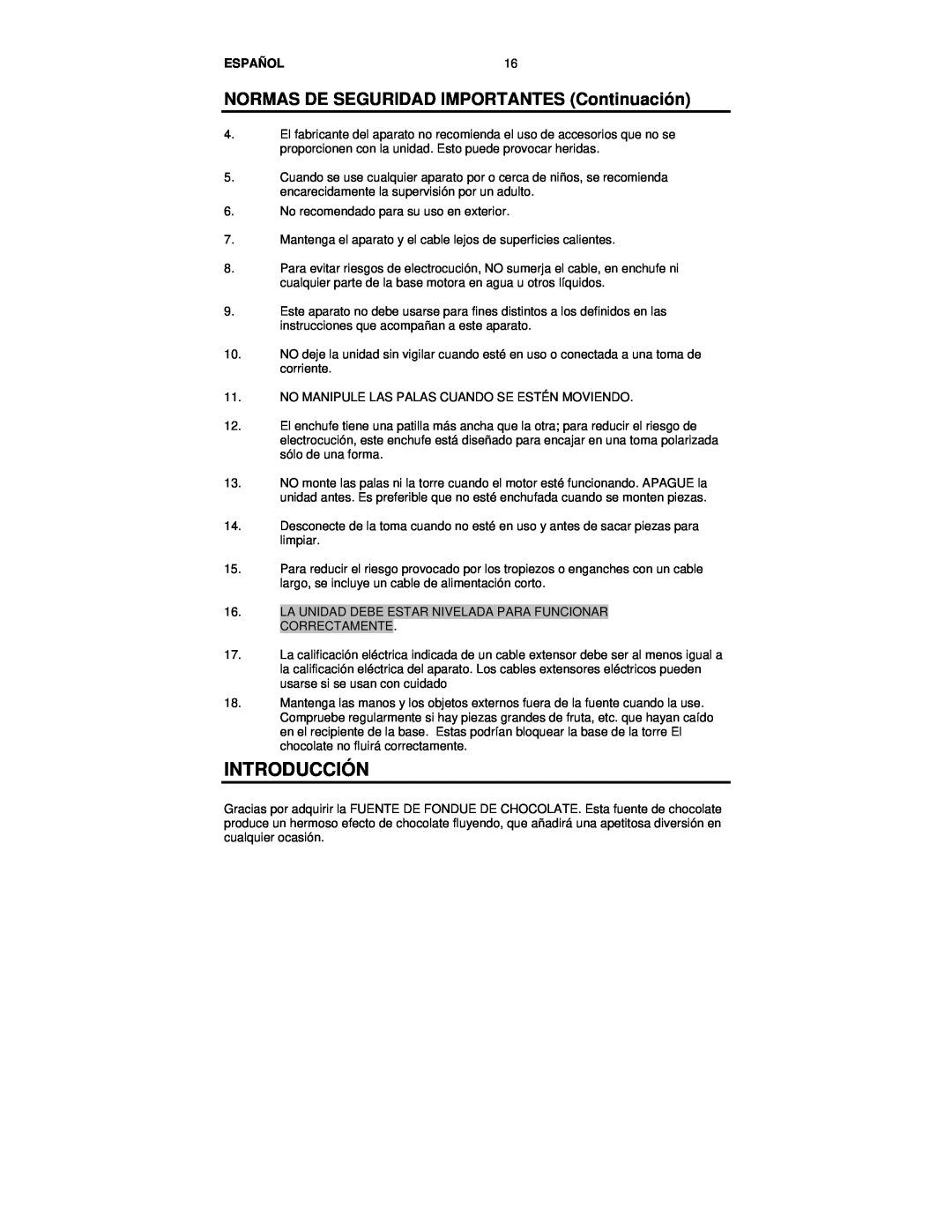 Nostalgia Electrics CFF-552 manual Introducción, NORMAS DE SEGURIDAD IMPORTANTES Continuación, Español 