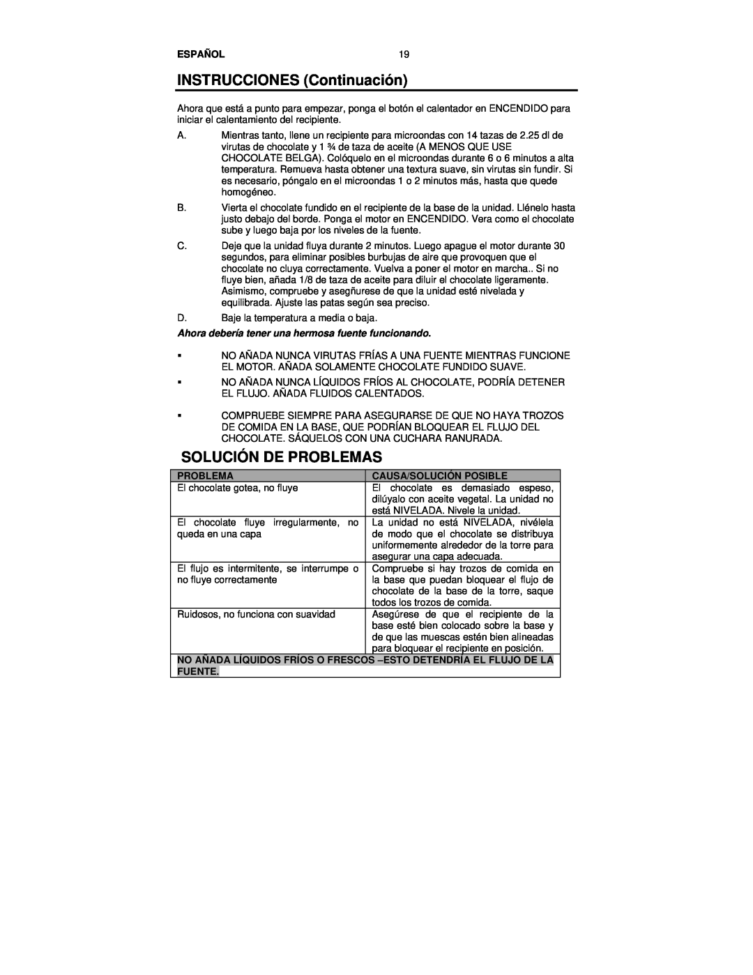 Nostalgia Electrics CFF-552 manual INSTRUCCIONES Continuación, Solución De Problemas, Español, Causa/Solución Posible 