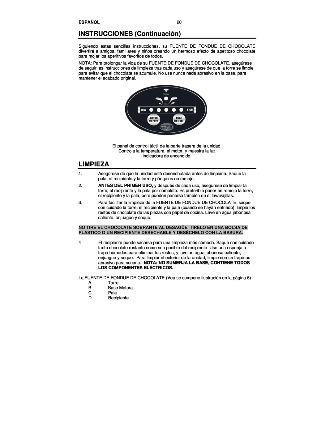 Nostalgia Electrics CFF-552 manual INSTRUCCIONES Continuación, Limpieza, Español, Los Componentes Eléctricos 