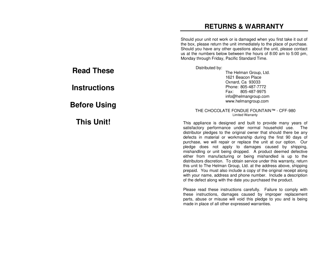 Nostalgia Electrics CFF-980 manual Read These Instructions Before Using This Unit, Returns & Warranty 