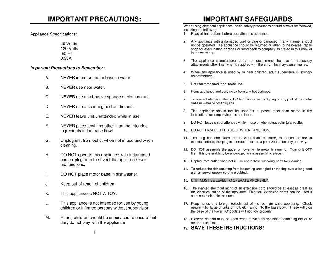 Nostalgia Electrics CFF-980 manual Important Precautions, Important Safeguards 