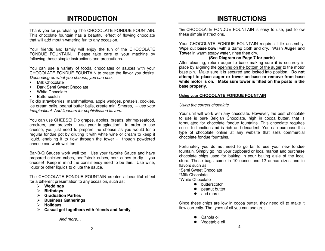 Nostalgia Electrics CFF-980 manual Introduction, Instructions, See Diagram on Page 7 for parts 