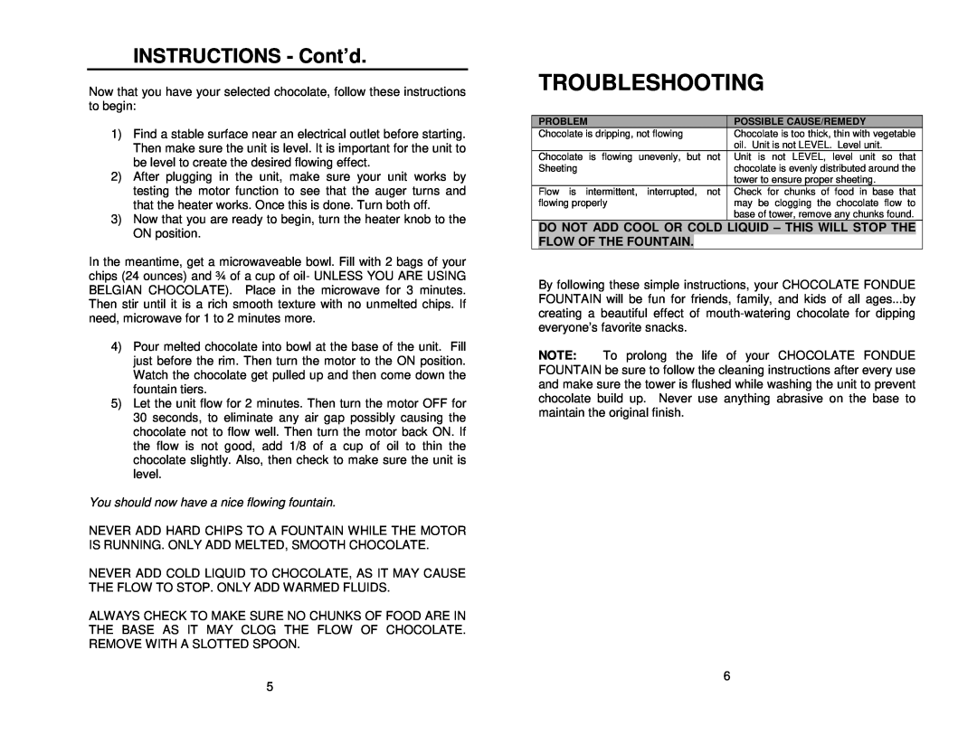 Nostalgia Electrics CFF-980 manual Troubleshooting, INSTRUCTIONS - Cont’d, You should now have a nice flowing fountain 