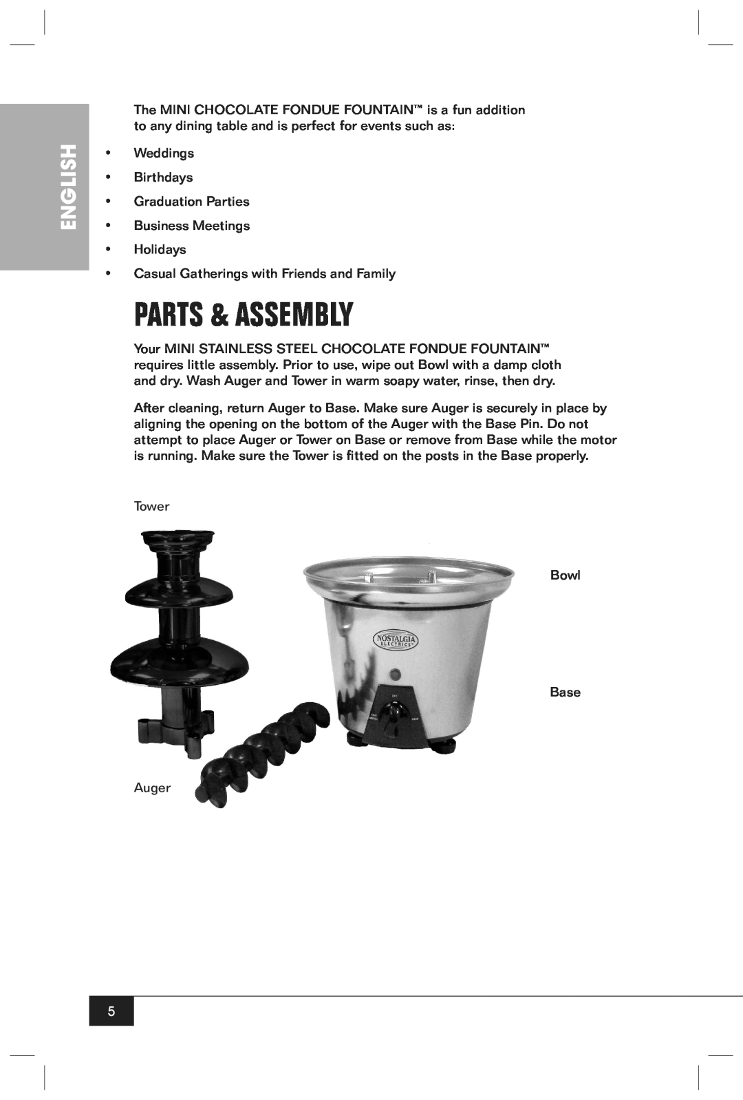 Nostalgia Electrics CFF960 manual Parts & Assembly, English 