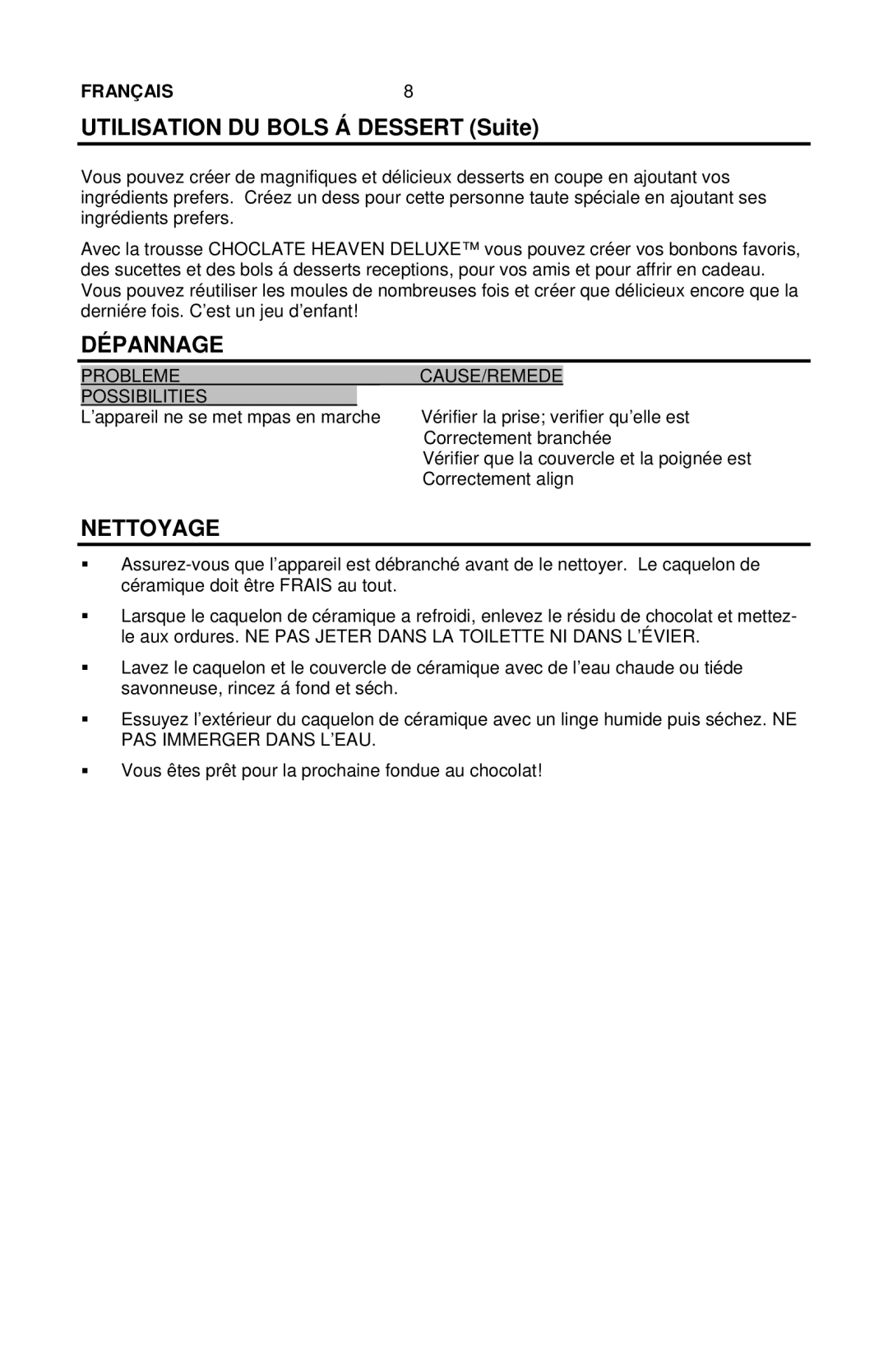 Nostalgia Electrics CHM-915 manual Dépannage, Nettoyage, Cause/Remede 