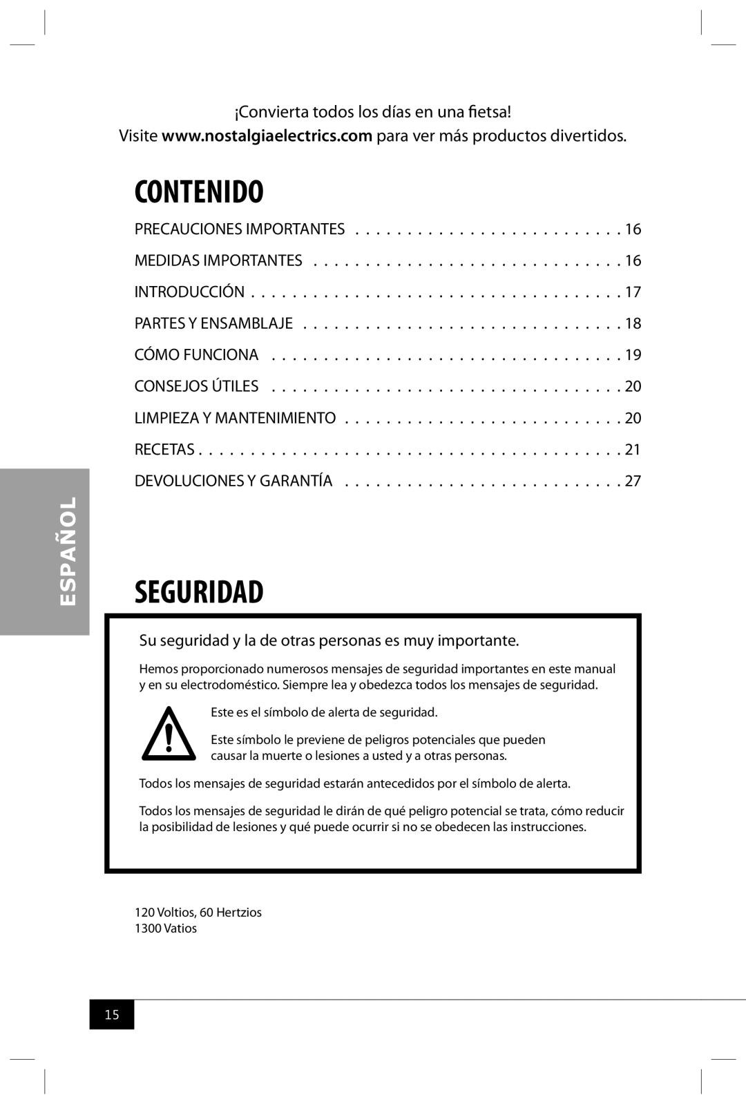 Nostalgia Electrics CKM100 manual Contenido, Seguridad, Este es el símbolo de alerta de seguridad, Vatios 