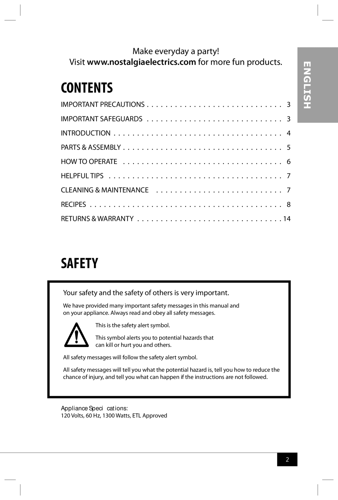 Nostalgia Electrics CKM100 manual Contents, Safety 