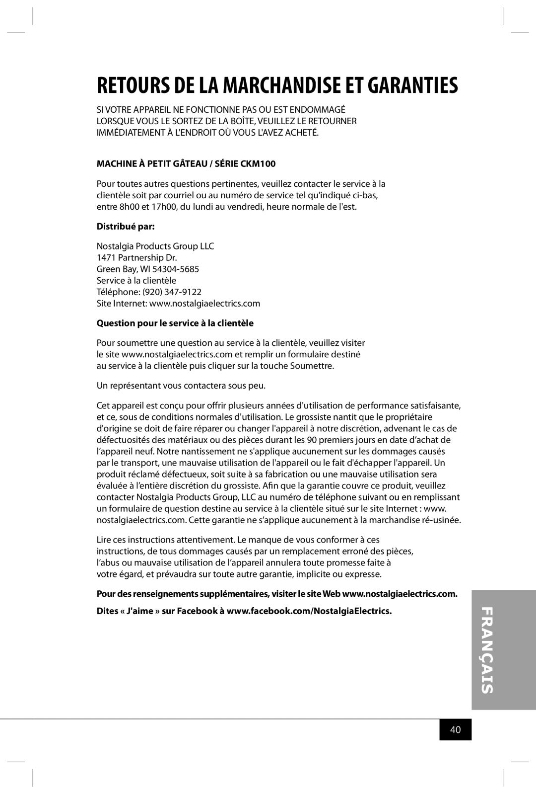 Nostalgia Electrics CKM100 manual Distribué par, Question pour le service à la clientèle 