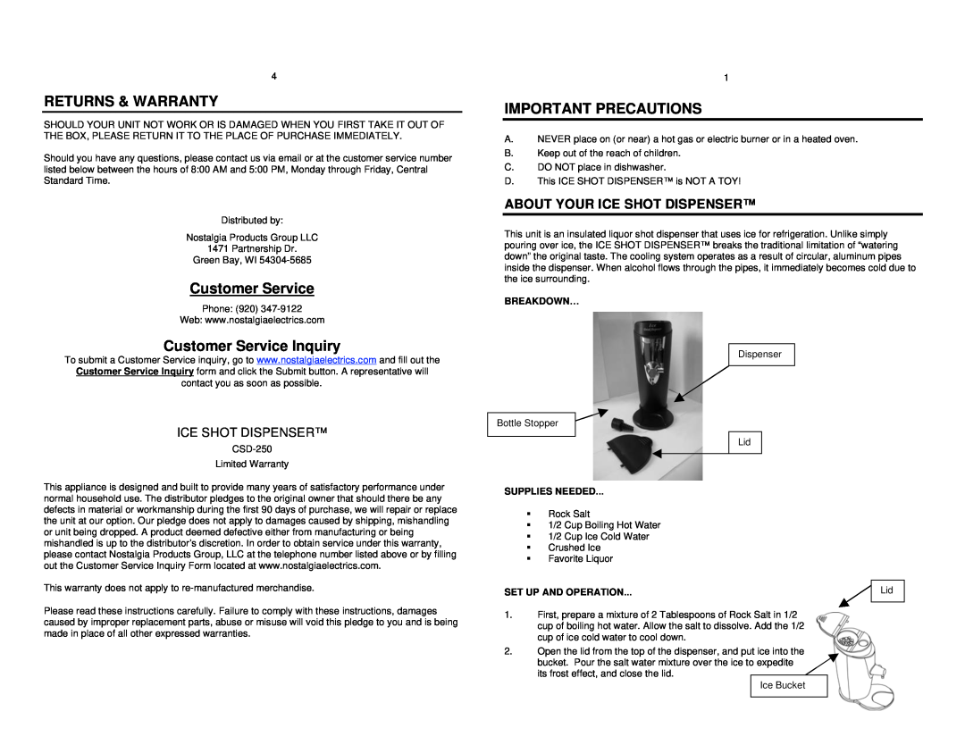 Nostalgia Electrics CSD-250 manual Returns & Warranty, Customer Service Inquiry, Important Precautions, Breakdown… 
