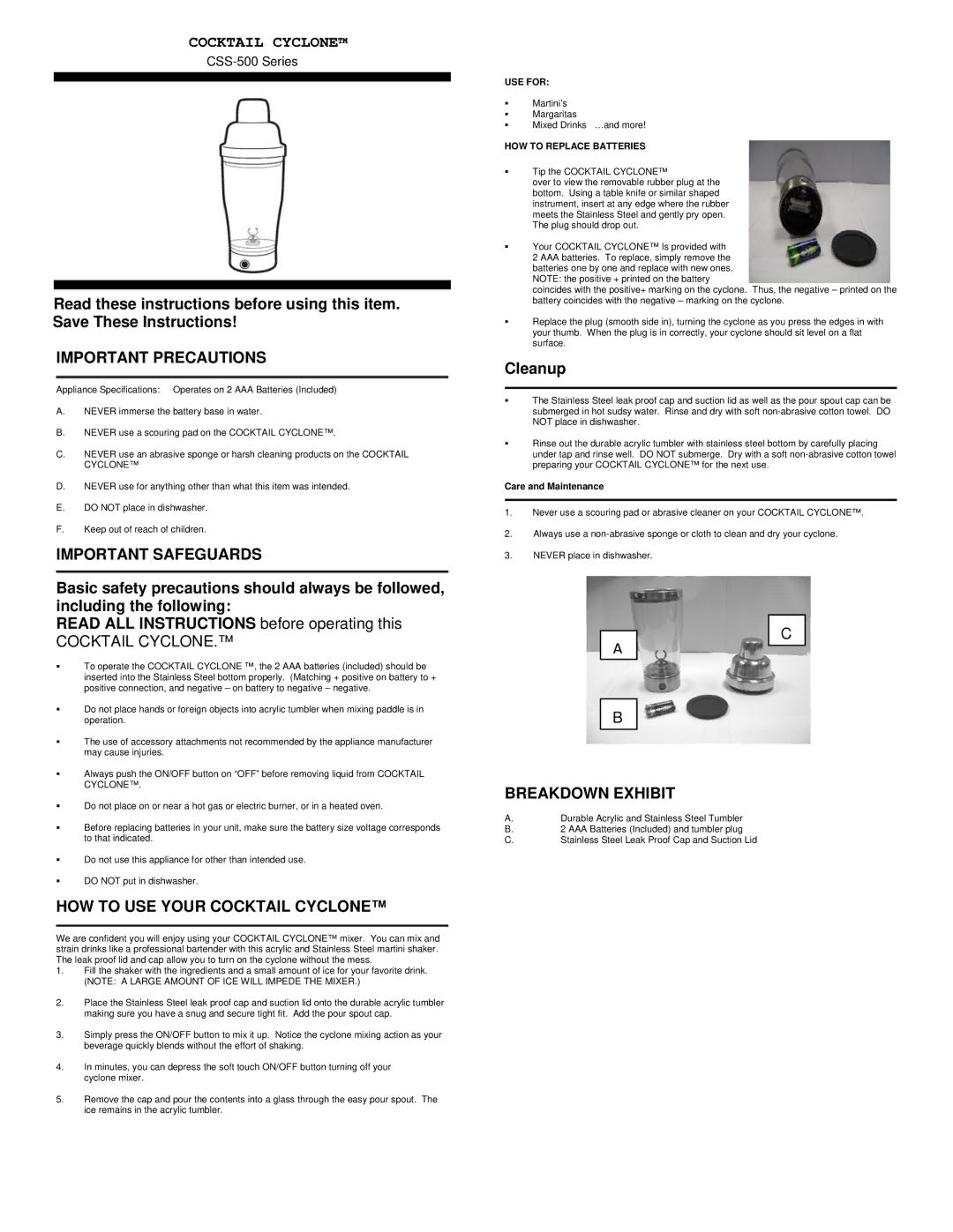 Nostalgia Electrics CSS-500 specifications Important Precautions, Important Safeguards, HOW to USE Your Cocktail Cyclone 