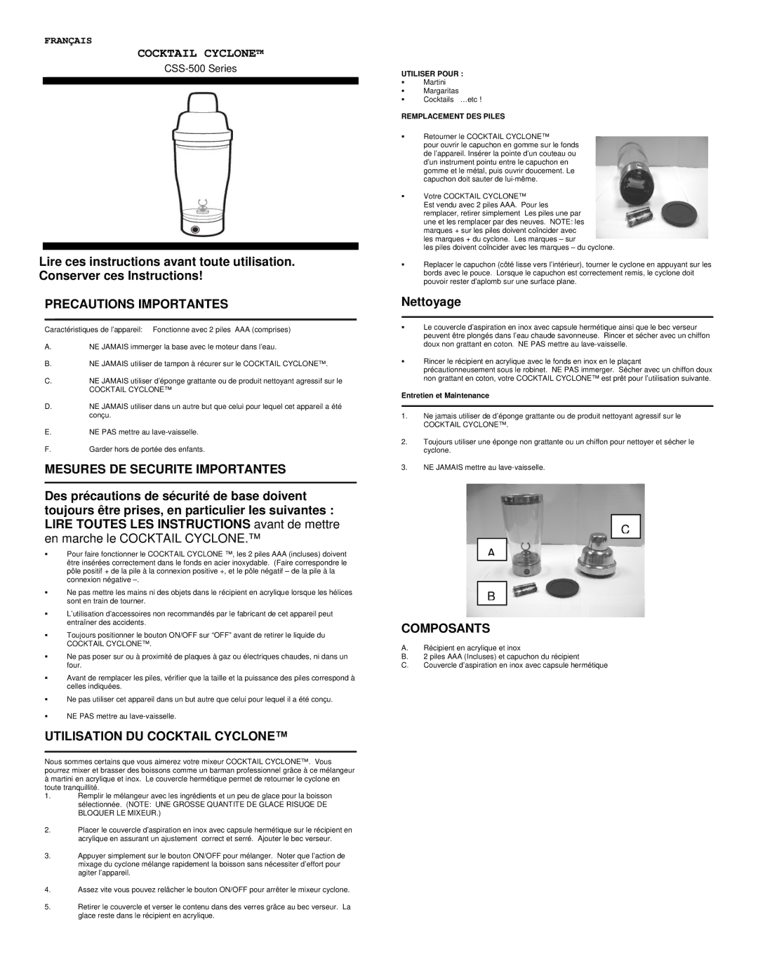 Nostalgia Electrics CSS-500 Precautions Importantes, Mesures DE Securite Importantes, Utilisation DU Cocktail Cyclone 