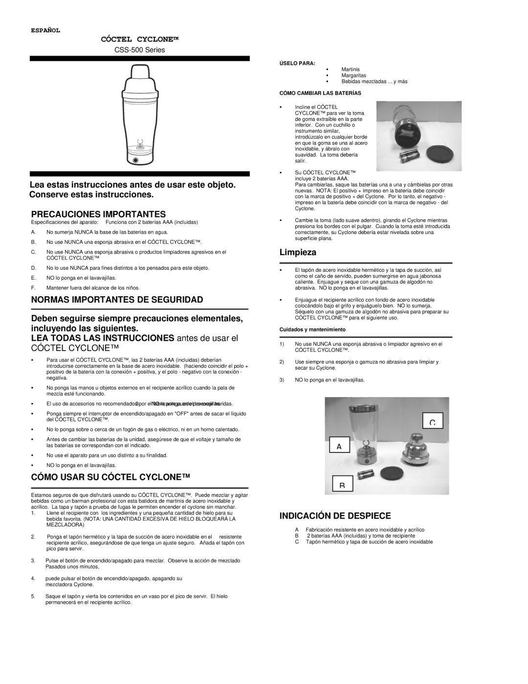 Nostalgia Electrics CSS-500 Precauciones Importantes, Normas Importantes DE Seguridad, Cómo Usar SU Cóctel Cyclone 