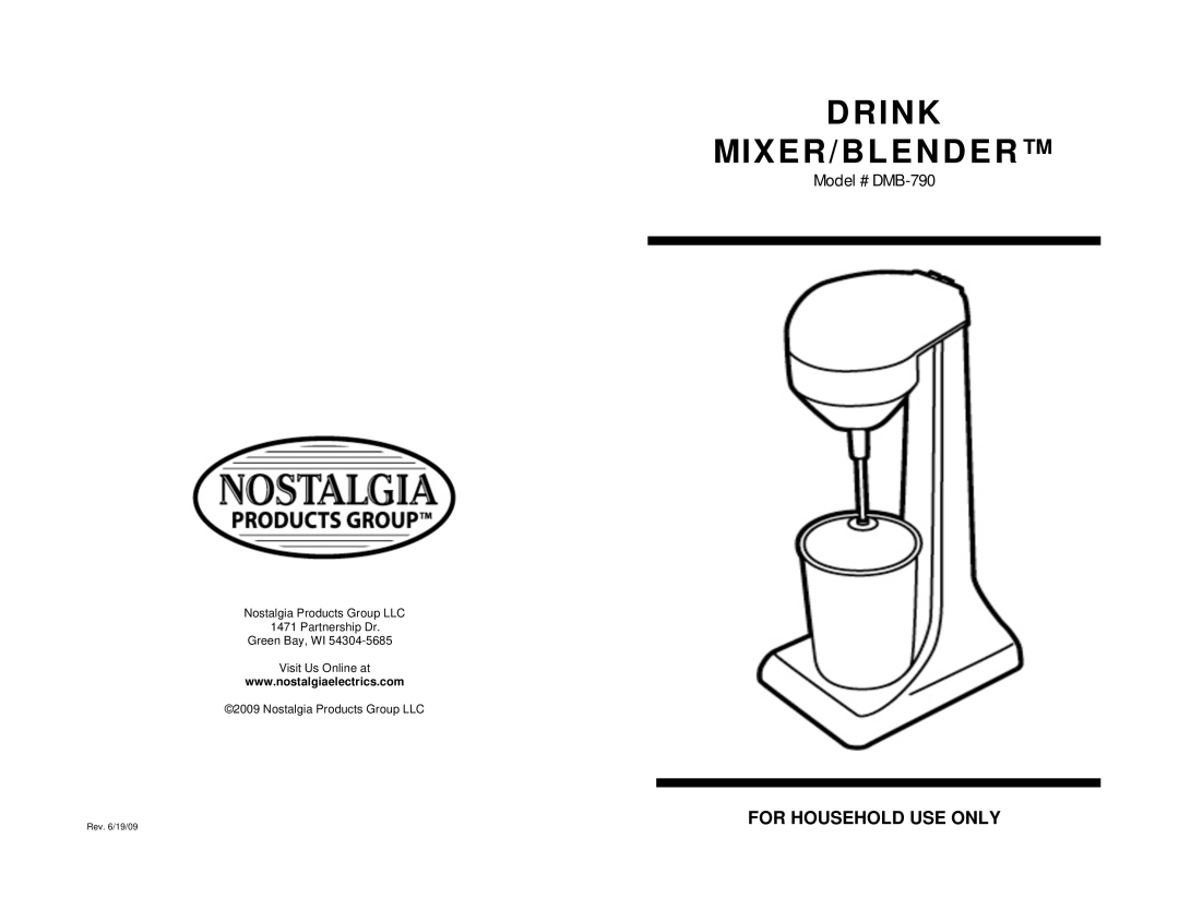 Nostalgia Electrics manual Drink MIXER/BLENDER, Model # DMB-790 