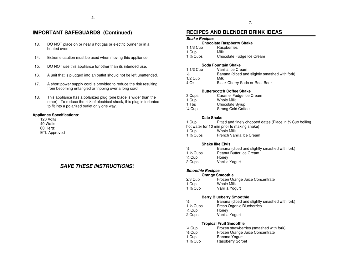 Nostalgia Electrics DMB-790 manual Important Safeguards, Recipes and Blender Drink Ideas 