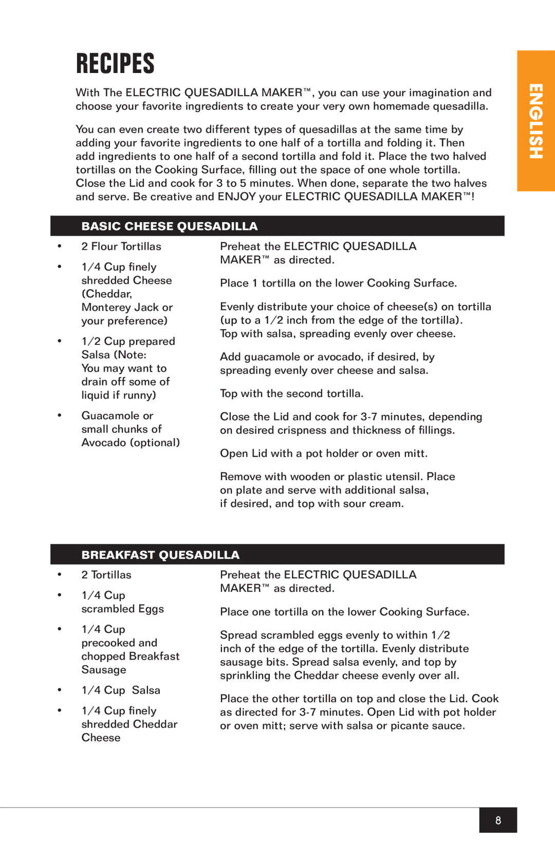 Nostalgia Electrics EQM-200 manual Recipes, Basic Cheese Quesadilla, Breakfast Quesadilla 