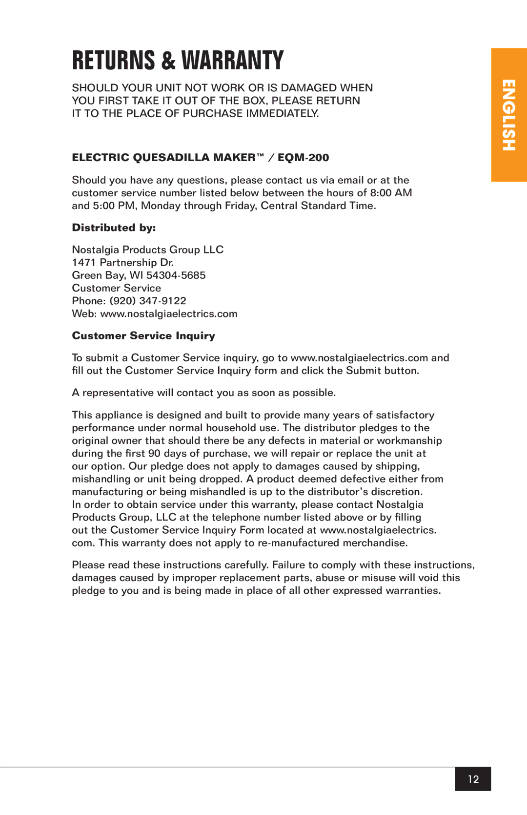 Nostalgia Electrics EQM-200 manual Returns & Warranty, Distributed by, Customer Service Inquiry 