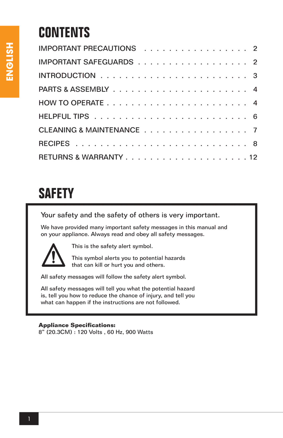 Nostalgia Electrics EQM-200 manual Contents, Safety 