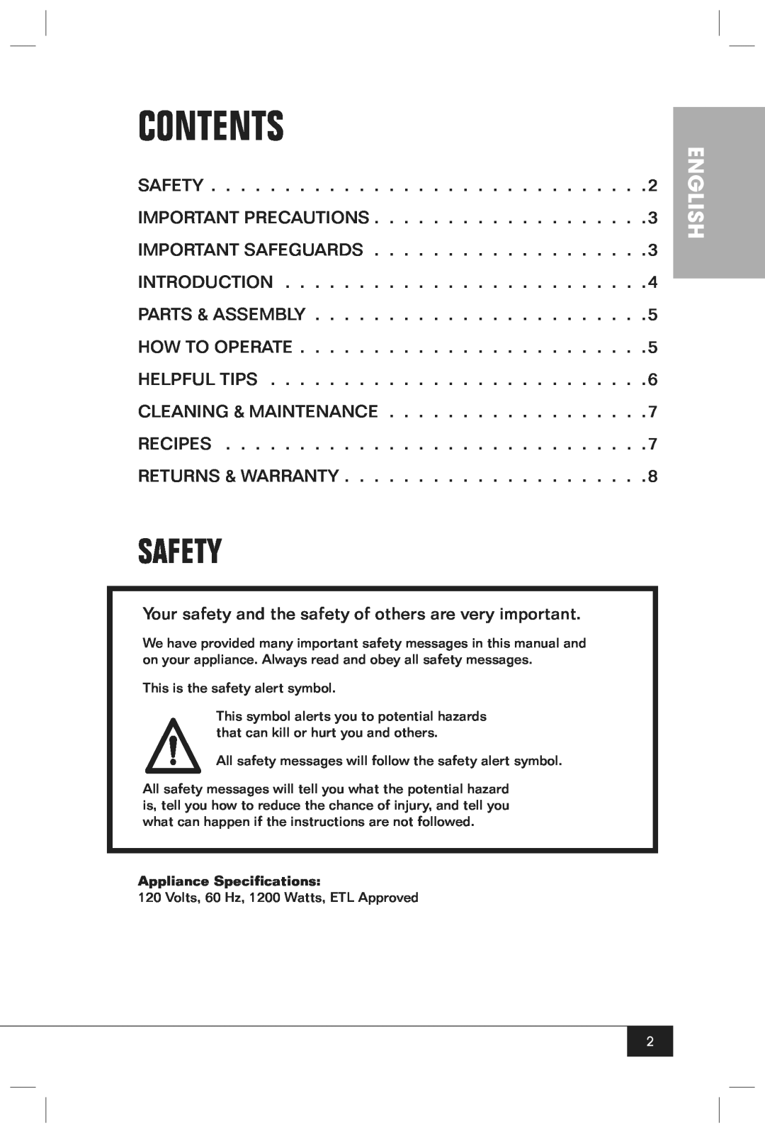 Nostalgia Electrics FG100 manual Safety, English, Contents 