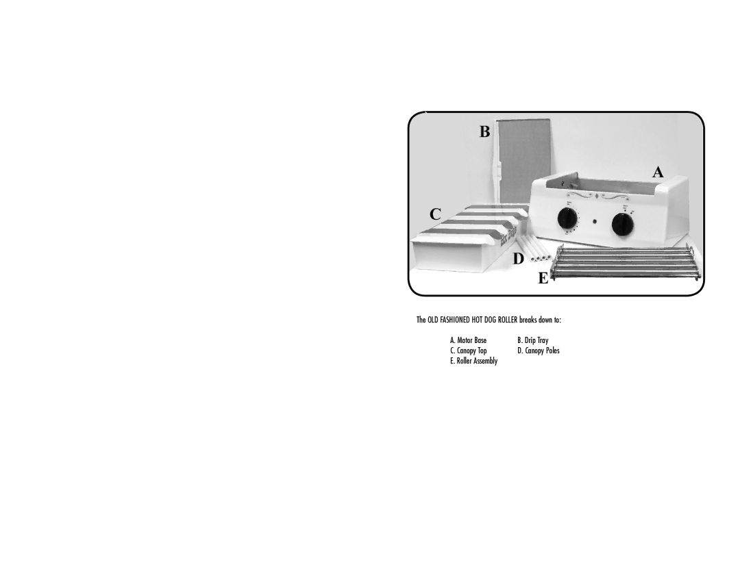 Nostalgia Electrics HDR-535 manual OLD Fashioned HOT DOG Roller breaks down to Motor Base, Canopy Top 