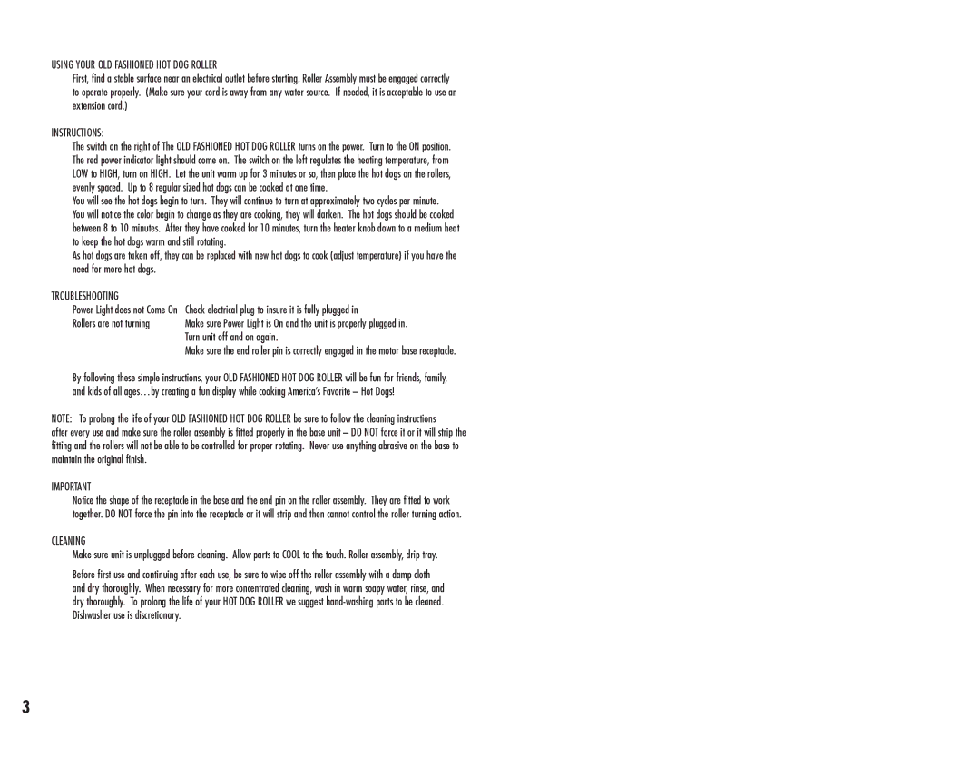 Nostalgia Electrics HDR-535 Using Your OLD Fashioned HOT DOG Roller, Troubleshooting, Turn unit off and on again, Cleaning 