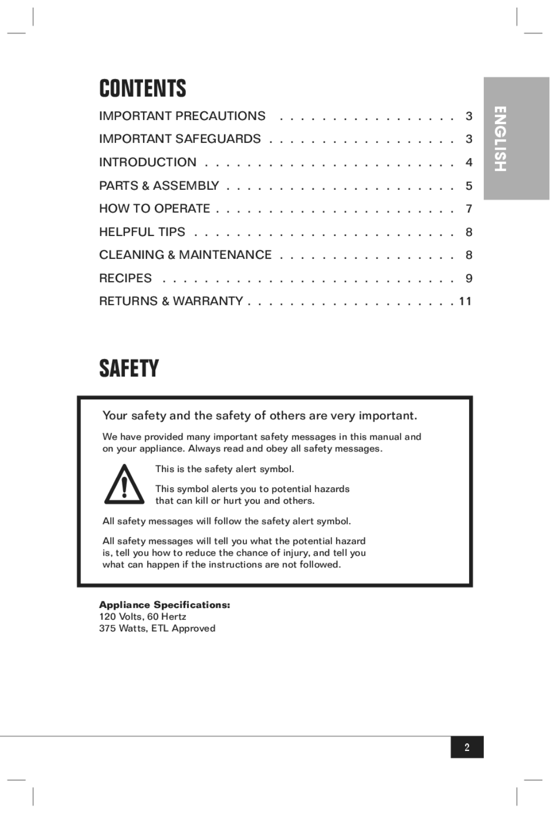 Nostalgia Electrics HKP200 manual Contents, Safety 