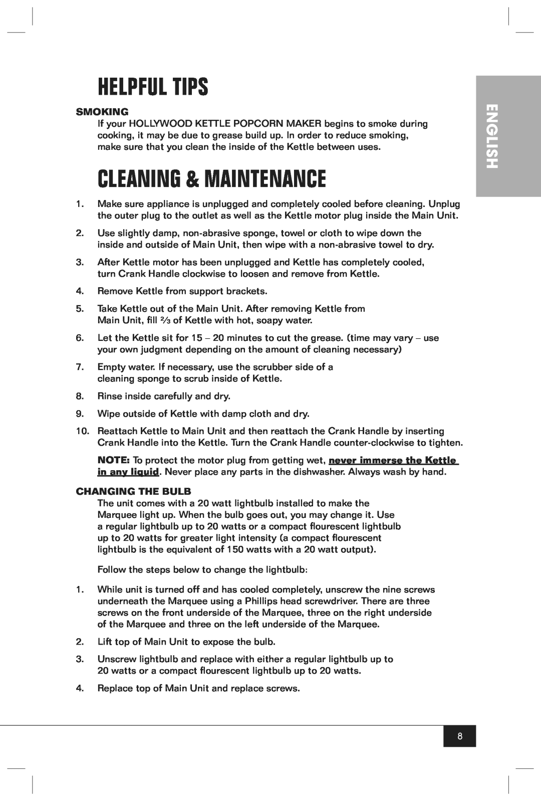 Nostalgia Electrics HKP200 manual Helpful Tips, Cleaning & Maintenance, English, Smoking, Changing The Bulb 