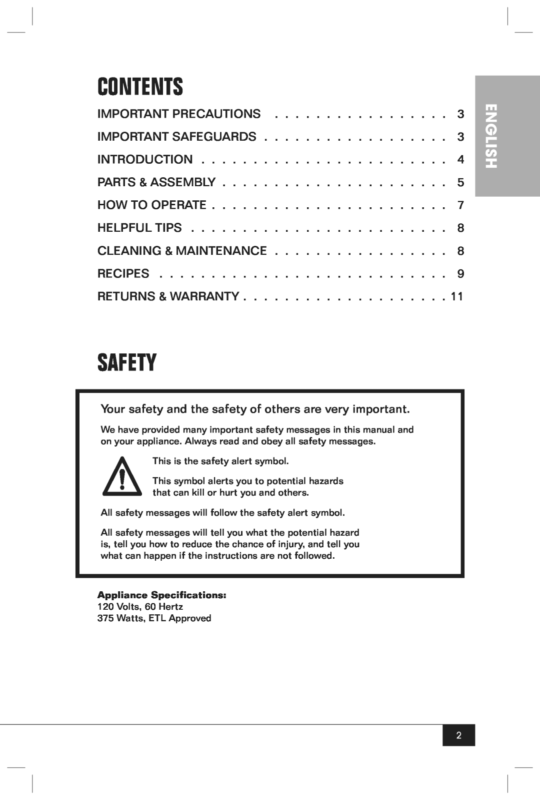Nostalgia Electrics HKP200 manual Contents, Safety, English 