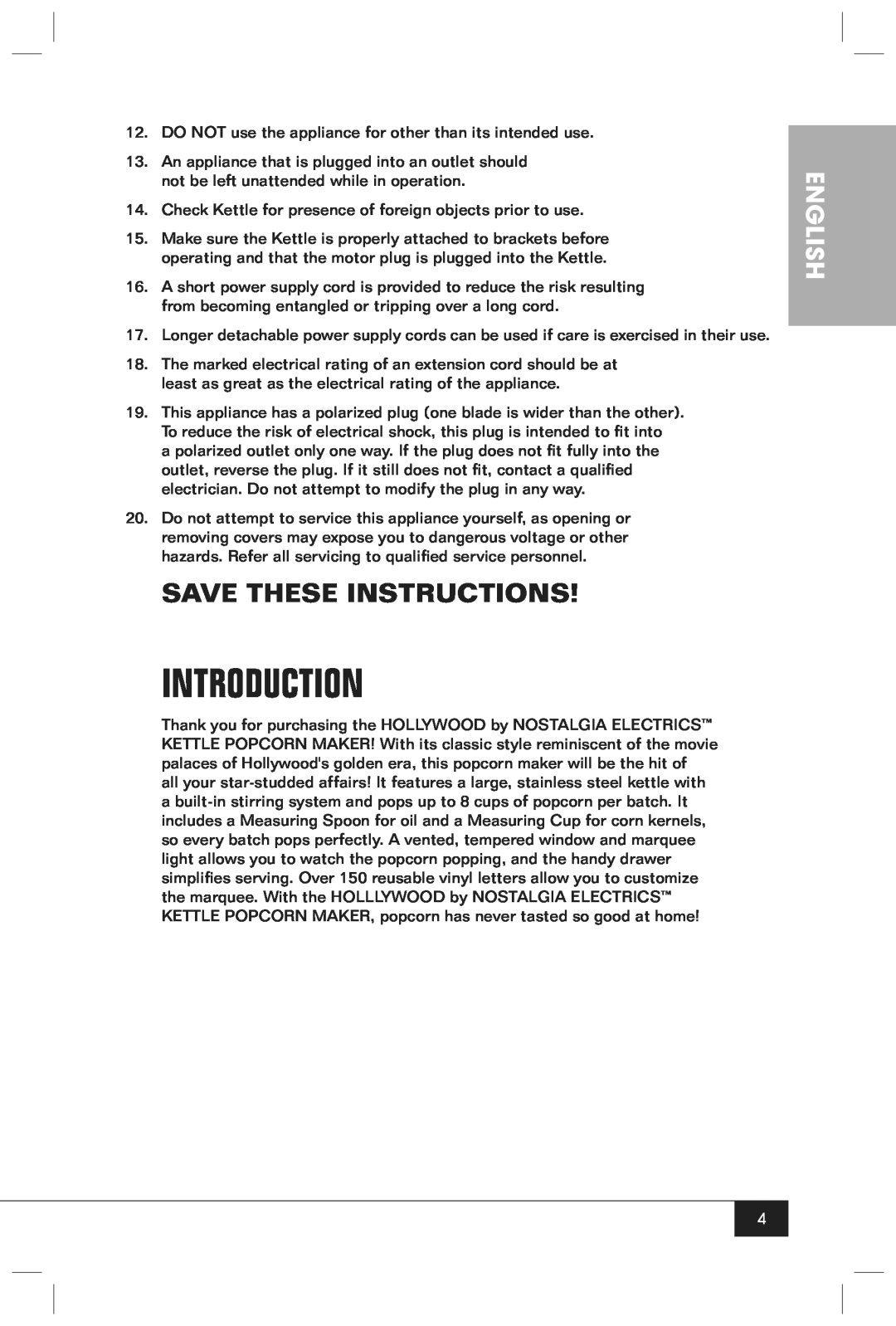 Nostalgia Electrics HKP200 manual Introduction, Save These Instructions, English 