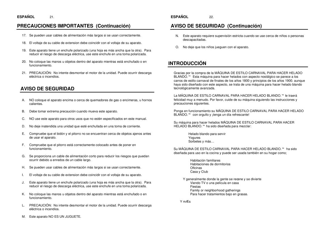 Nostalgia Electrics ICM-562 manual Precauciones Importantes Continuación, Aviso DE Seguridad Continuación, Introducción 