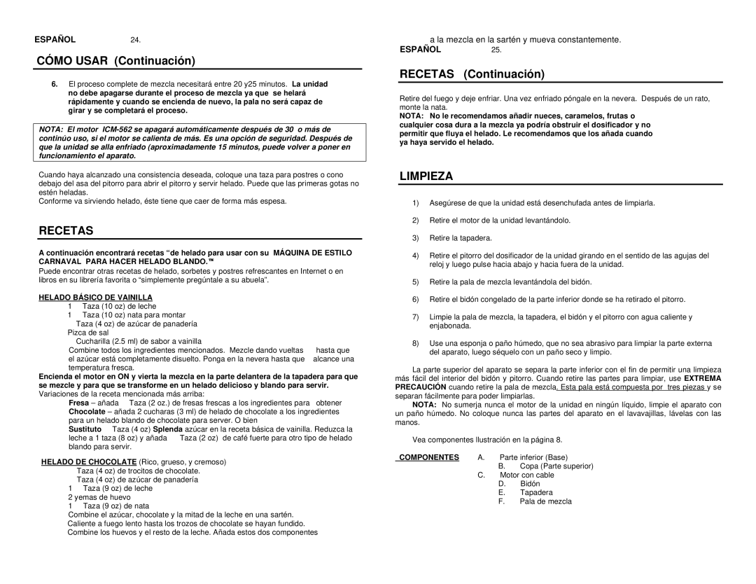 Nostalgia Electrics ICM-562 manual Cómo Usar Continuación, Recetas Continuación, Limpieza 