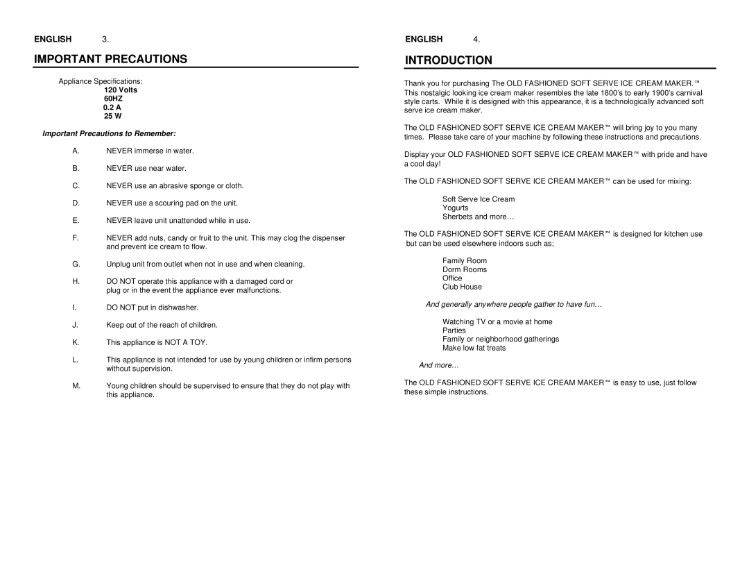 Nostalgia Electrics ICM-562 manual Important Precautions, Introduction, Volts 60HZ 25 W 