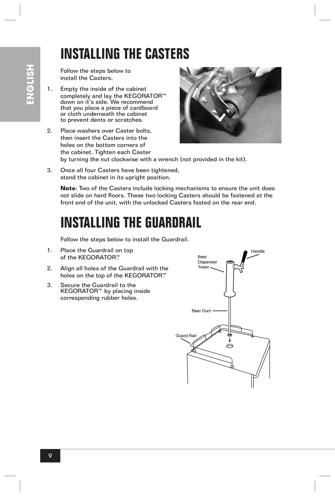 Nostalgia Electrics KRS-2150 manual Installing the Casters, Installing the Guardrail 