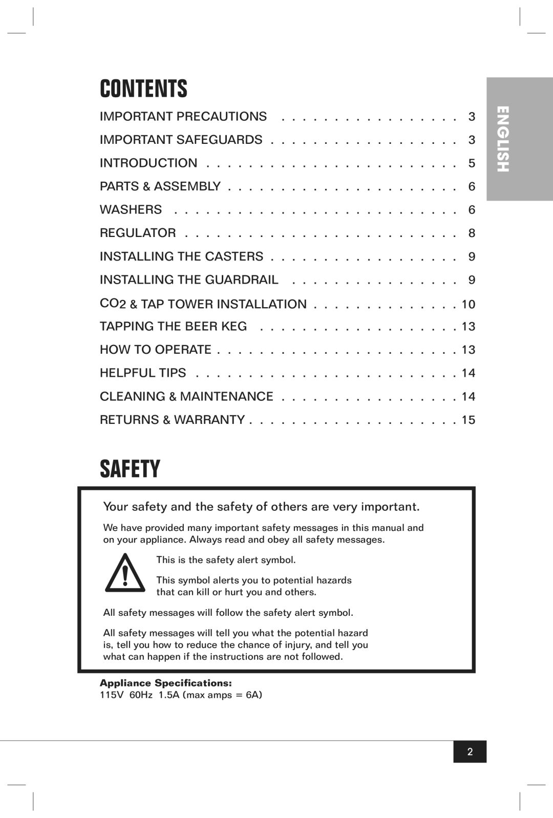 Nostalgia Electrics KRS-2150 manual Contents, Safety 