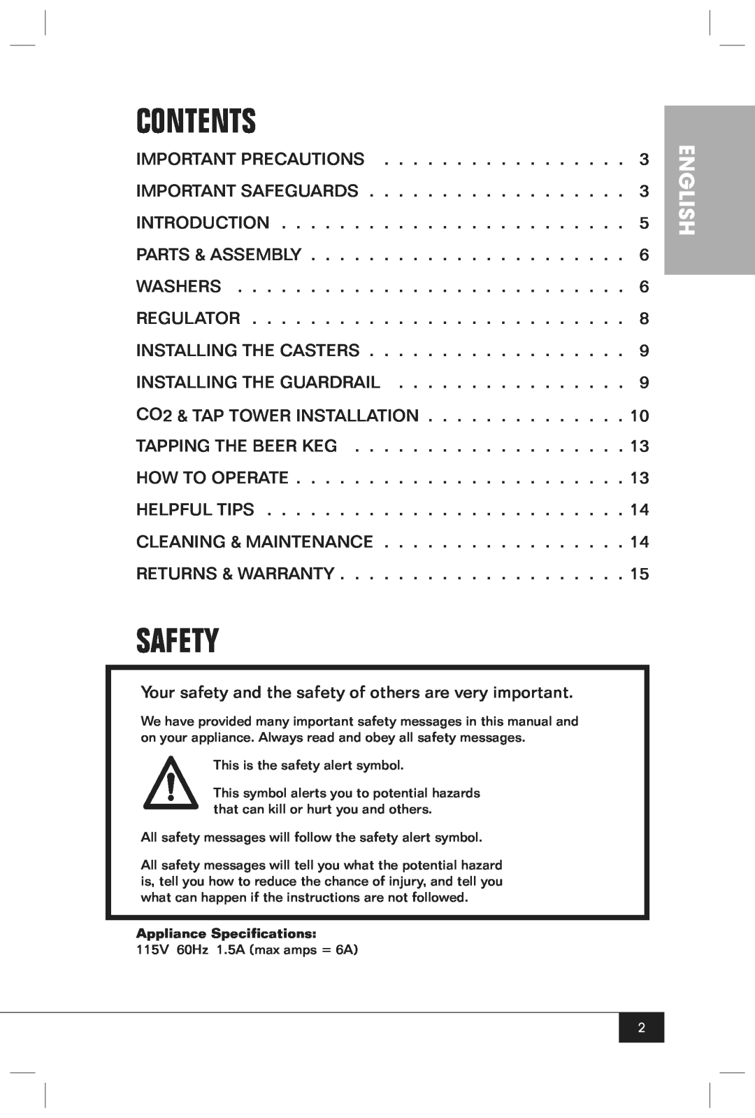 Nostalgia Electrics KRS-2150 manual Contents, Safety, English 