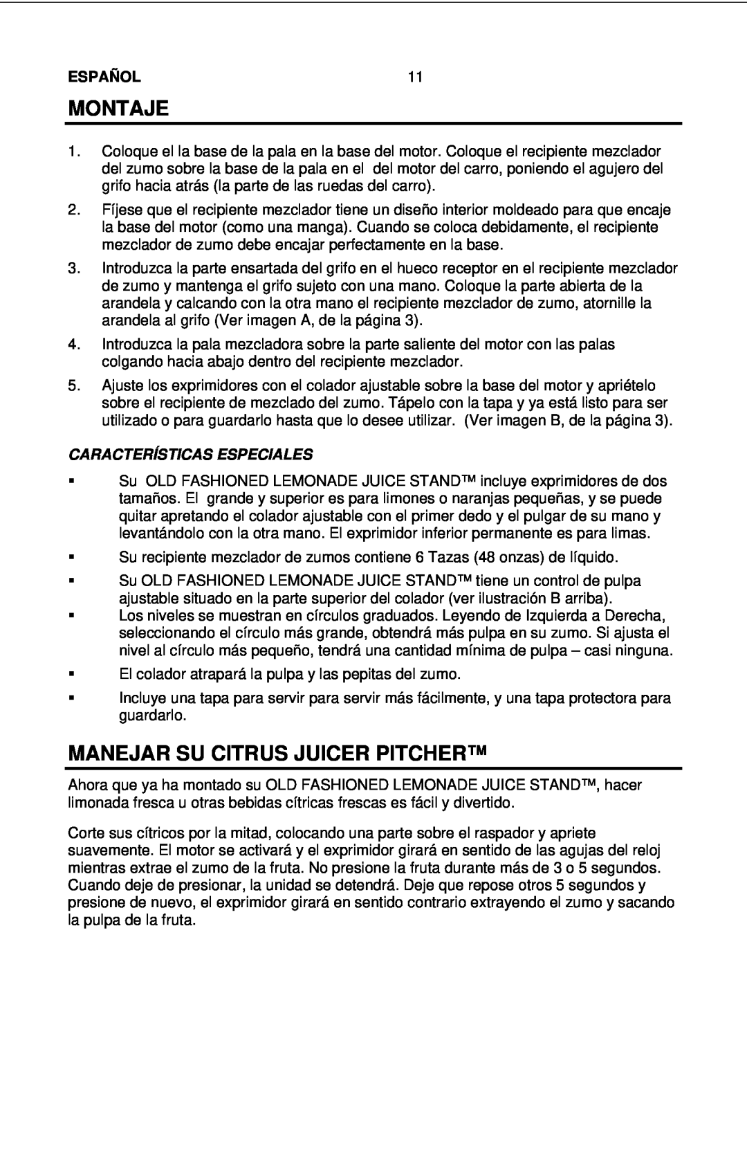Nostalgia Electrics LJS - 502 manual Montaje, Manejar Su Citrus Juicer Pitcher, Características Especiales, Español 