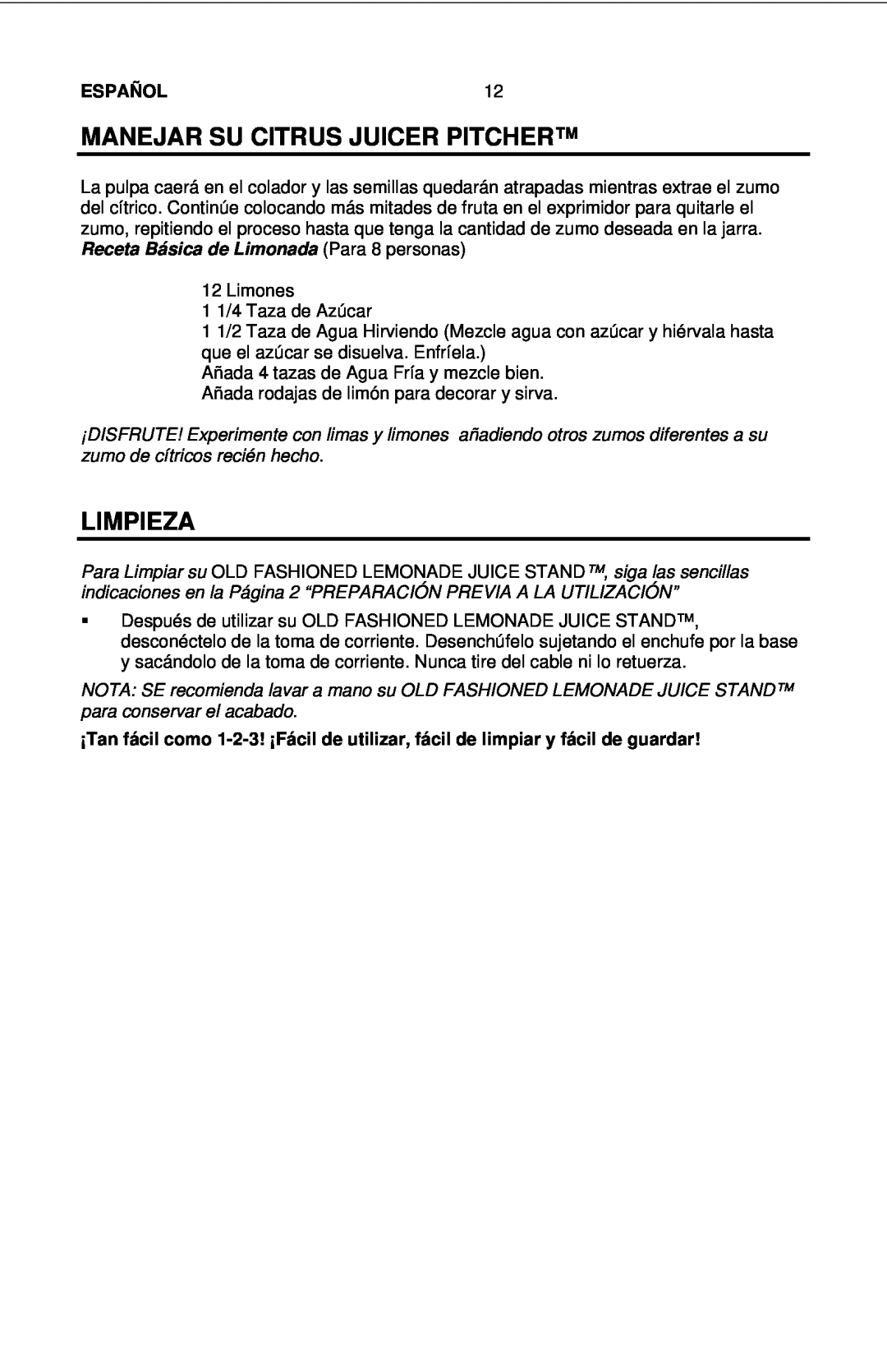 Nostalgia Electrics LJS - 502 manual Limpieza, Manejar Su Citrus Juicer Pitcher, Español 