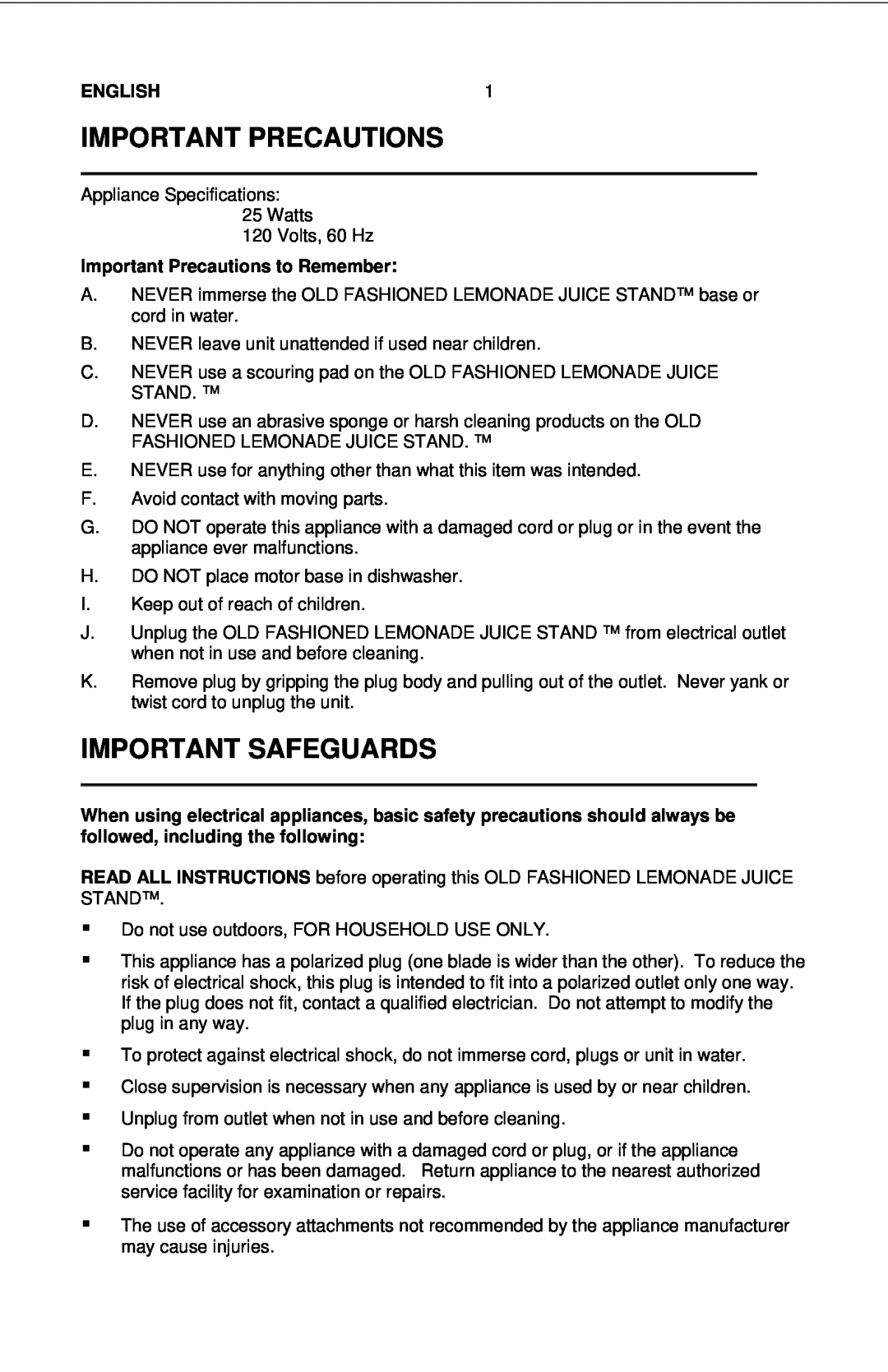 Nostalgia Electrics LJS - 502 manual Important Safeguards, English, Important Precautions to Remember 