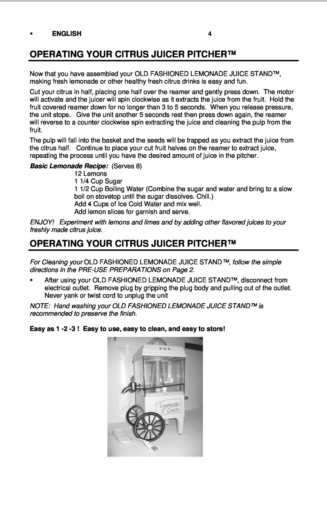 Nostalgia Electrics LJS - 502 manual Operating Your Citrus Juicer Pitcher, Basic Lemonade Recipe Serves, English 