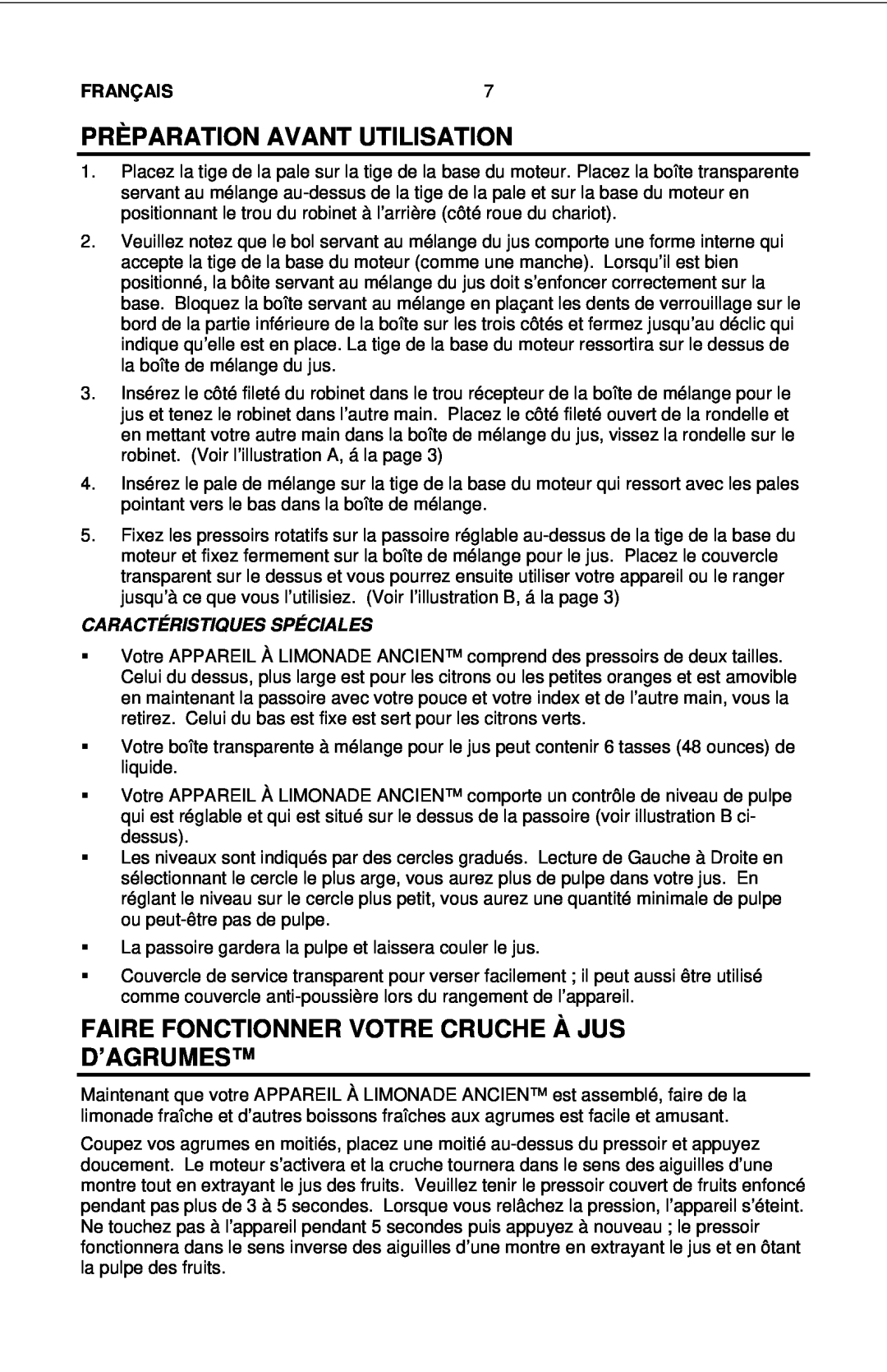 Nostalgia Electrics LJS - 502 manual Faire Fonctionner Votre Cruche À Jus D’Agrumes, Caractéristiques Spéciales, Français 