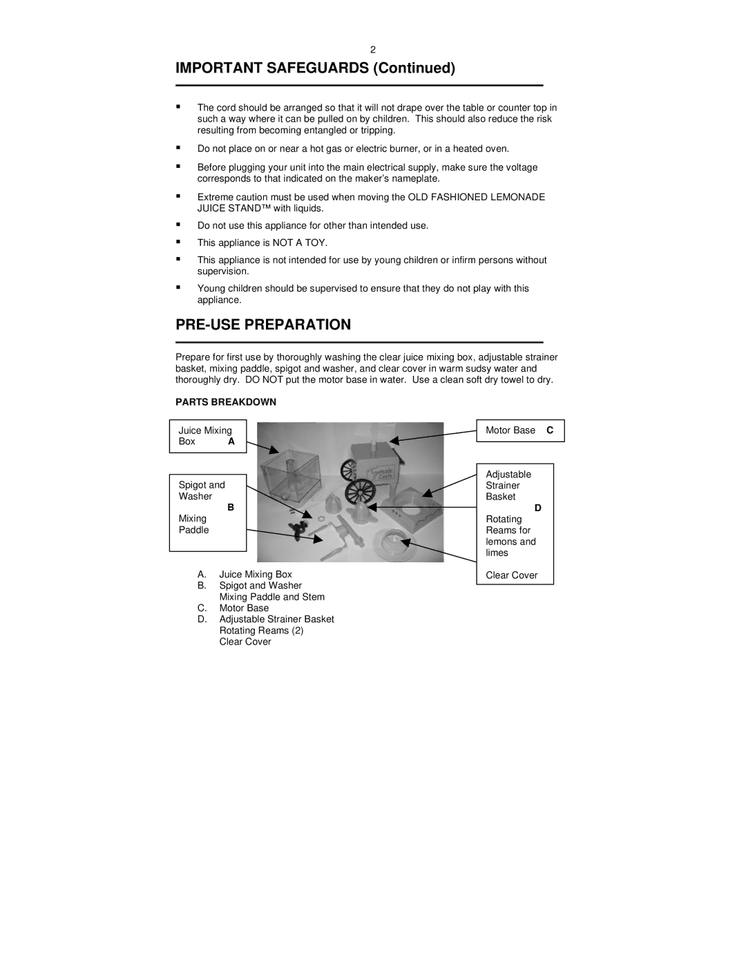 Nostalgia Electrics LJS-402 manual Important Safeguards, PRE-USE Preparation, Parts Breakdown 