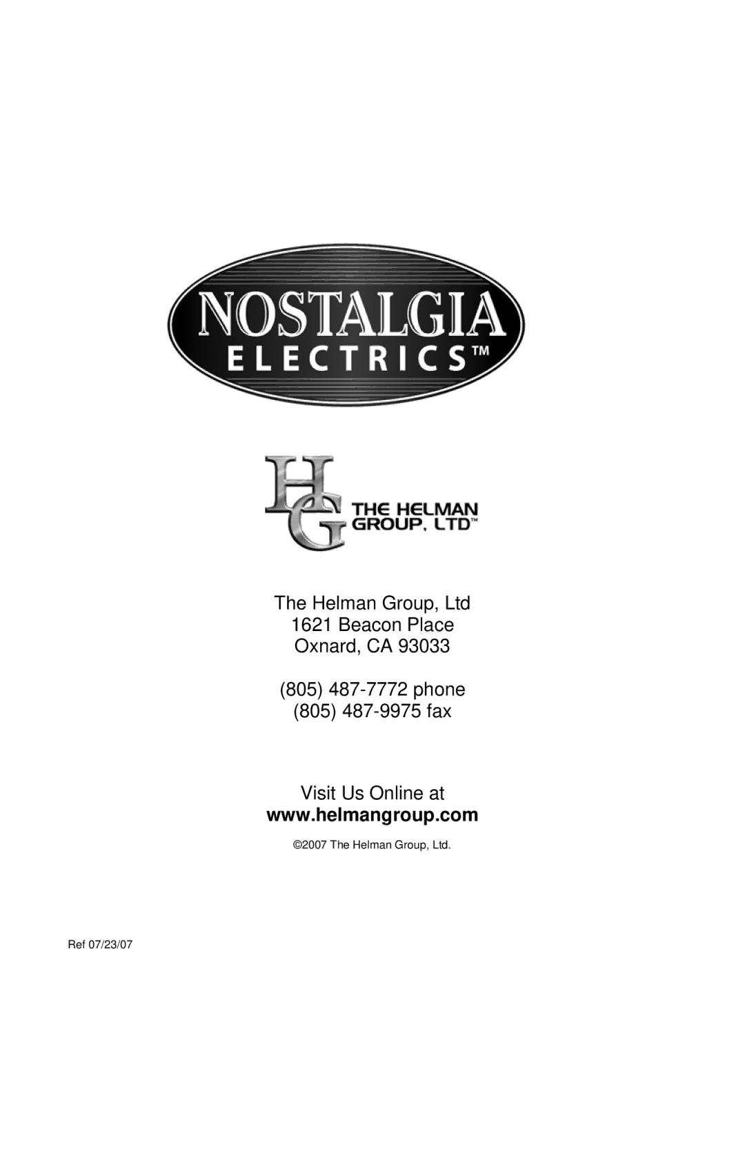 Nostalgia Electrics LPF-210 manual Ref 07/23/07 