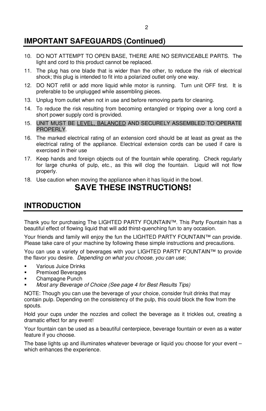 Nostalgia Electrics LPF-210 manual Important Safeguards, Introduction 