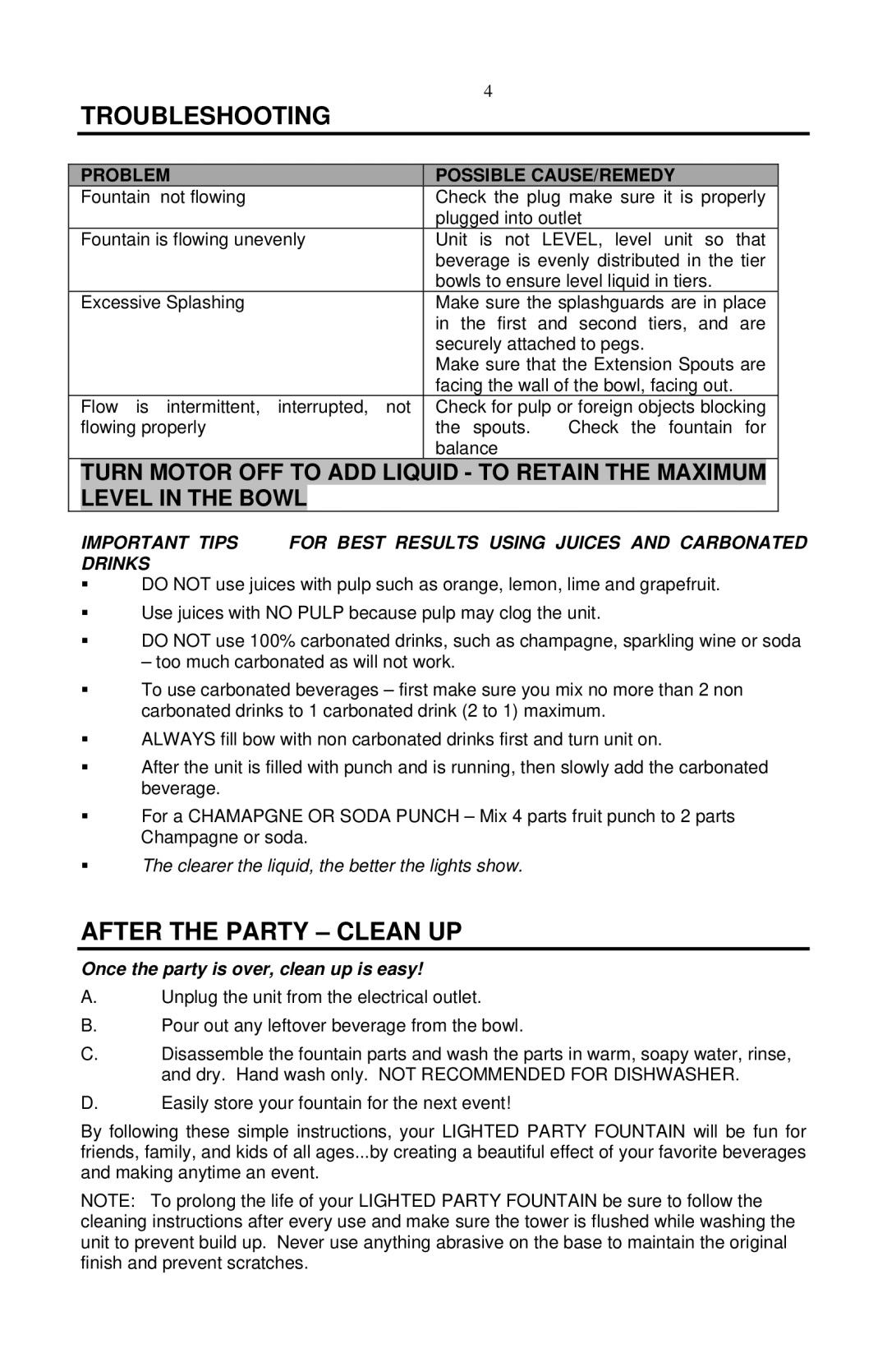 Nostalgia Electrics LPF-210 manual Troubleshooting, After the Party Clean UP 