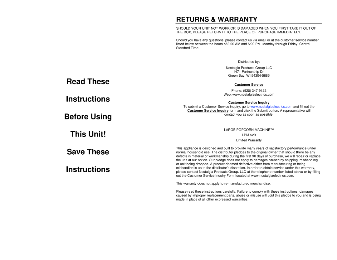Nostalgia Electrics LPM-529 manual Read These Instructions Before Using This Unit Save These, Returns & Warranty 